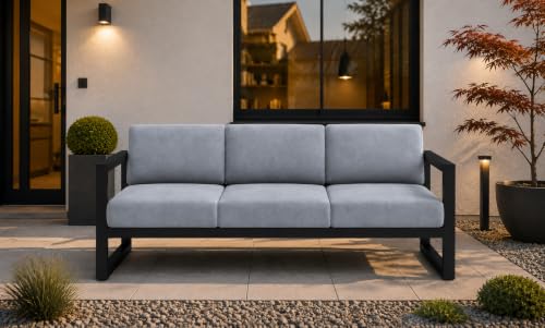 Image of Modern 3-Seater Outdoor Sofa with Black Metal Frame & Grey Cushions Set Upon a Sturdy Black Metal Geometric Base Frame.