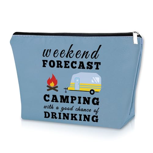 Funny Camping Gifts for Women Blue Makeup Bag Happy Camper Retirement Gifts Camping Themed Gifts for Adults Cosmetic Bag Camper Accessories for Travel Trailers Birthday Christmas Graduation Gift