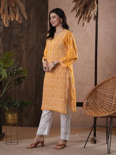 Image of Ada Lucknow Chikankari Hand Embroidered Faux Georgette Kurta Kurti Tunic Dress for Women A95504