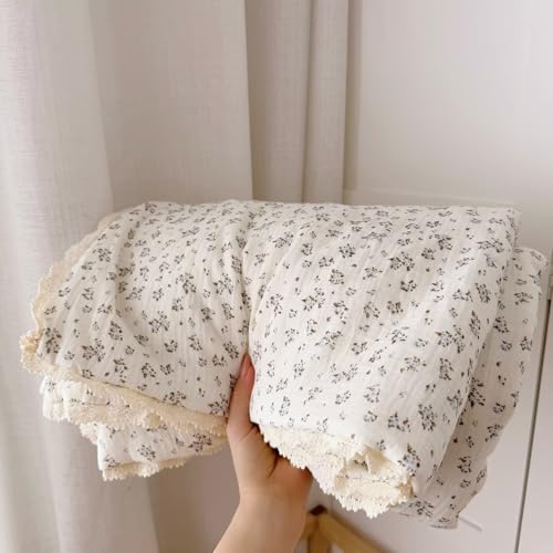 Image of BuLuTu Chic Shabby Floral Toddler Quilt 100% Cotton Muslin Quitled Blanket Girls Boys Comforter with Lace Edges, Crib /Toddler Bed Blankets, Plumbago Flower Print, 47x59 Inches, No Pillow