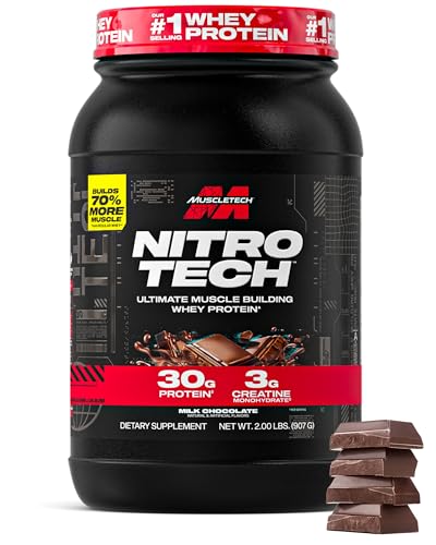 Muscletech Whey Protein Powder (Milk Chocolate, 2 Pound) - Nitro-Tech Ultimate Muscle Building Formula with Whey Protein Isolate - 30g of Protein, 3g of Creatine & 6.8g of BCAA - Packaging May Vary