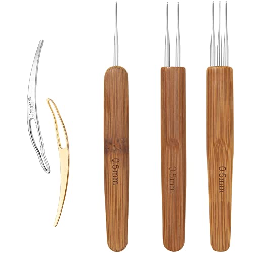 Dreadlock Crochet Outil 3 Pieces Bambou 0,5mm Dreadlock Crochets avec 1 Crochet, 2 Crochets, 3 Crochets et 2 Pieces Outils Verrouillage Cheveux pour Tresse de Cheveux Longs Crochet Locks Cheveux