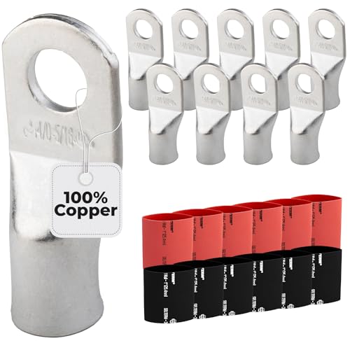 SELTERM 10pcs 4/0 Awg Battery Lugs with Heat Shrink Tubing