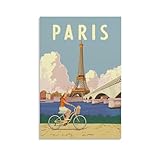 Pariser Posterdruck, Vintage-Eiffelturm, Wandkunst, Fahrrad im Stadtbild, französische Landschaft, Kunstwerk, Retro, Reisen, Heimdekoration, malerischer Pariser Blick für Wohnzimmer, Geschenk, 30,5 x