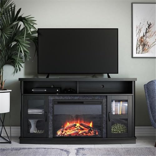 Image of Ameriwood Home Barrow Creek Fireplace Console with Glass Doors for TVs up to 60 inch, Black Oak