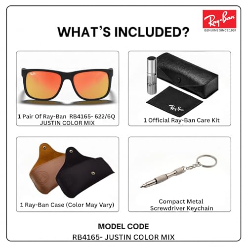 Image of Ray-Ban RB4165 JUSTIN COLOR MIX Square Shaped Sunglasses for Men with Official RAYBAN Eyewear Kit