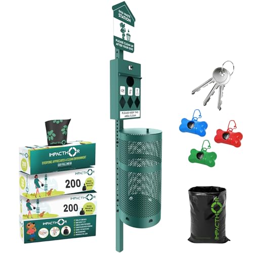 IMPACTHOR Dog Waste Station Outdoor Pet Waste Station- Desing With 4 Wholes And 800 Dog Poop Bags, 50 Waste Can Liners, 3 Poop Bag Holders & 2 Set Of Keys, For Commercial Use, Parks, Condos & HOA