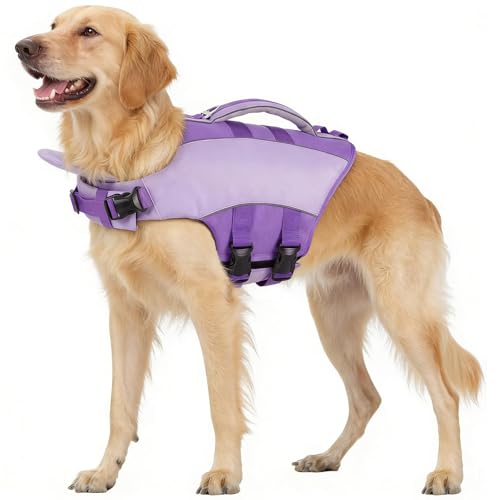 Kuoser Dog Life Jacket, Front Float Dog Life Vest for Swimming Boating, Reflective Pet Swim Suit with Rescue Handle & D-Ring & Chin Float for Small Medium Large Dogs, Purple M M(Chest:20.5"-