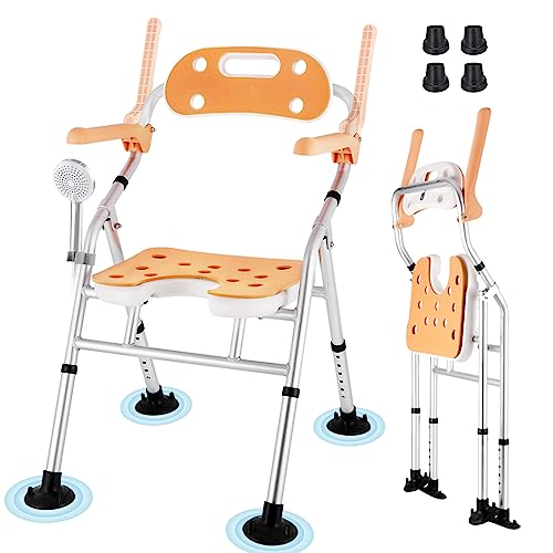 Foldable Shower Chair for Inside Shower Folding Shower Chair with Arms and Back Shower Seat Cutout for Private Washing for Elderly Pregnant Disabled 6 Height Adjustable Weight Capacity 440lbs