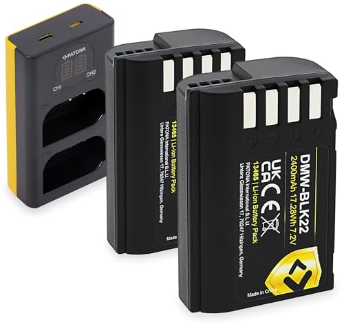 PATONA Caricatore LCD USB-C + 2x Protect Batteria DMW-BLK22 2600mAh – per Panasonic Lumix S5 II/IIX S5 S9 G9 II GH7 GH6 GH5 – set completo con sensore NTC