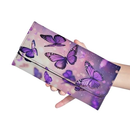 Image of AFPANQZ Bling Butterflies Long Clutch Women Wallet Soft Leather Designer Trifold Multi Card Organizer Phone Holder Lady Purse Buckle Zipper Coin Pocket Pink