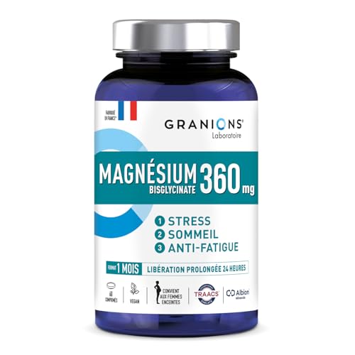 MAGNESIUM BISGLYCINATE 360 MG - GRANIONS - Magnesium Fort Dosage + Vitamine B6 - Anti Stress Adulte - Bisglycinate 360 MG - Stress Fatigue - 60 Comprimés - Fabriqué en France