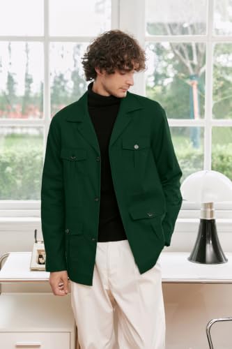 Image of Betusline Men's Safari Linen Long Sleeve Military Cargo Jacket | breathable lightweight material military coat casual wear long sleeve cargo with pockets excellent gift