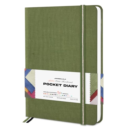 Image of Jhingalala Diaries - Fabric Cover Hardbound Pocket Journal Notebook I Fabric Series Journal Diary For Girls and Women I Pocket Diary With Elastic Closure I Size A6 I 192 Ruled Pages (Army Green)