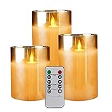 YMing LED Flameless Candles Battery Operated, Real Wax Moving Effect Flickering Glass Candle Sets for Festival Wedding Home Party Decor, Cycling 24 Hours with Remote Timer, 4
