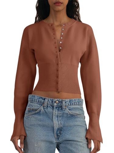 Image of Saodimallsu Womens Cropped Sweaters Cardigan | Button Down,Long Sleeve,V Neck,Ribbed Knit,Slim Fit ,Pullover Crop Tops