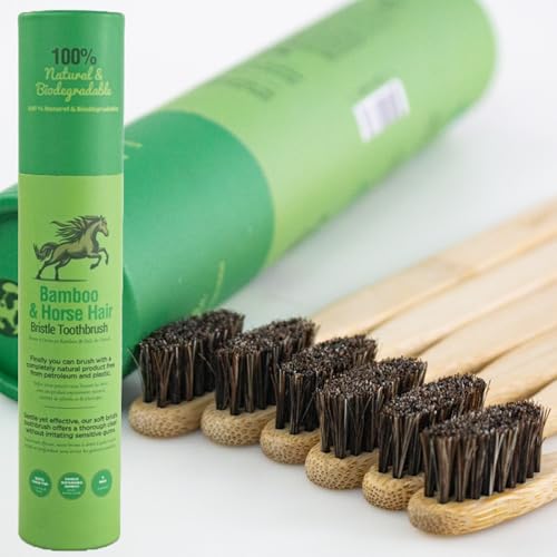 Gaia Guy Cepillo de dientes de bambú con cerdas de pelo de caballo naturales (sin nailon, solo crin de caballo), cerdas suaves de pelo de caballo totalmente compostables y cepillos de dientes de bambú