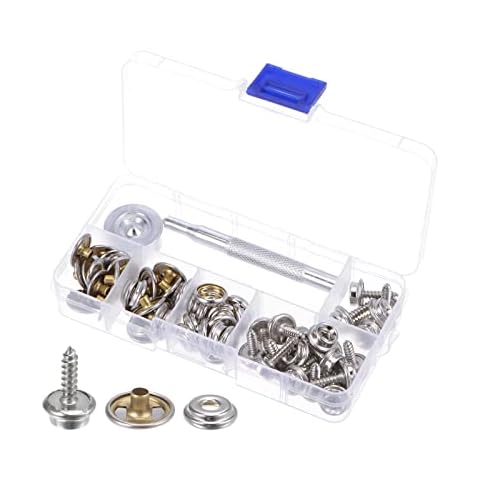 HARFINGTON 20 Sets Canvas Snap Kit 5/8" Copper Snaps Stainless Steel Screw Snap Button Fasteners Kit Snaps for Boat Cover Carpet Repairing with 2 PCS Setting Tool, Silver White Cover