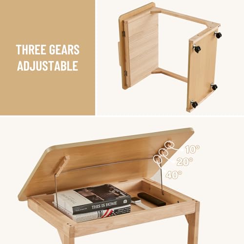 Image of Uniclinens Rolling Side Table Desk Sofa - C Shape Couch End Table with Wheels, Mobile Wooden Slim Sofa Tray, Movable Small Couch Desk for Living Room Bedroom, Natural