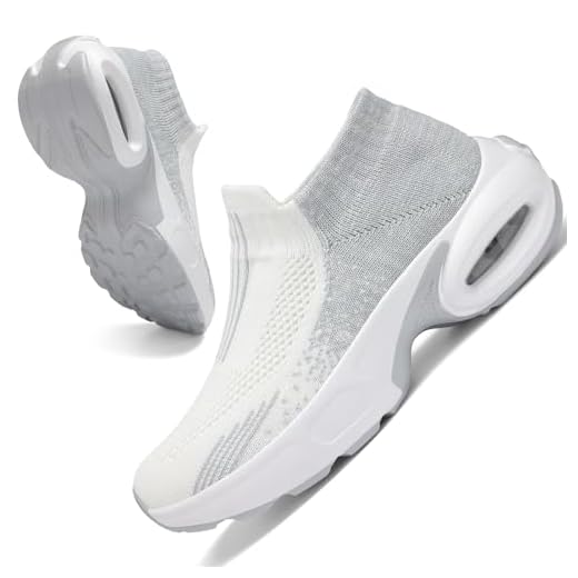 Tênis de malha feminino – antiderrapante, sem cadarço, tênis de meia – leve, tênis de corrida com amortecimento de ar, tênis de trabalho, Branco e cinza 20, 34
