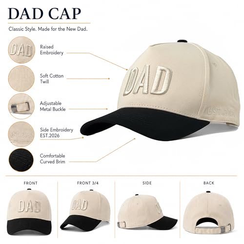 Image of DAD Hat for Men, Adjustable Embroidered Cap with EST 2026, First for New Dad