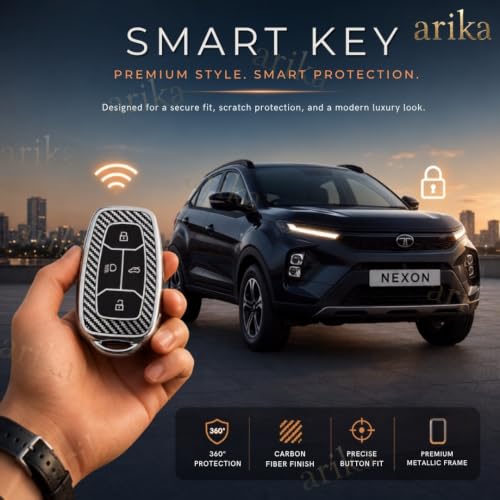Image of arika Key Cover Compatible with Tata Harrier | Safari | Nexon | Altroz | Tigor | EV | Punch | Tiago EV Electric - 4 Button Smart Key , Sterling Silver Carbon Series