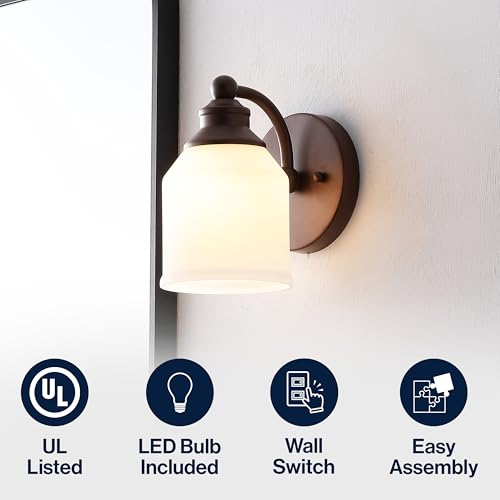 Image of JONATHAN Y 5.13 inch Oil Rubbed Bronze White 1-Light Metal Glass Candlestick Vanity Light Wall Sconce Farmhouse Transitional for Bathroom with Frosted Glass Shade LED Bulb Included JYL7549B