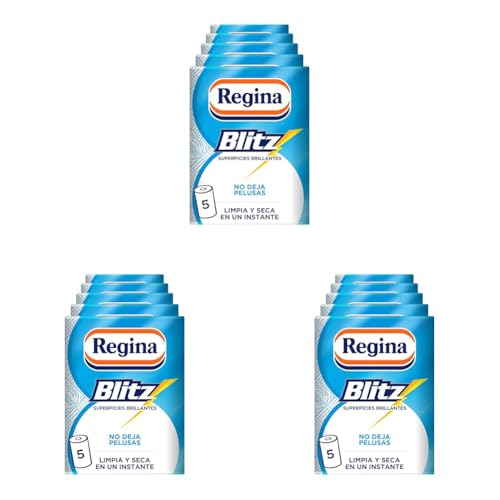 Regina Blitz Papel de Cocina | 5 Rollos | 100 Maxi-Hojas de 3 Capas | Ideal para Limpiar Superficies Domésticas | Sin Pelusas | Embalaje de Papel Reciclable (Paquete de 3)