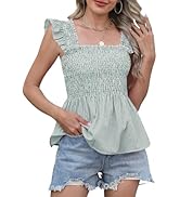 LOMON Womens Tank Tops Fashion Summer Ruffle Flying Sleeve Smocked Blouses Square Neck Sleeveless...