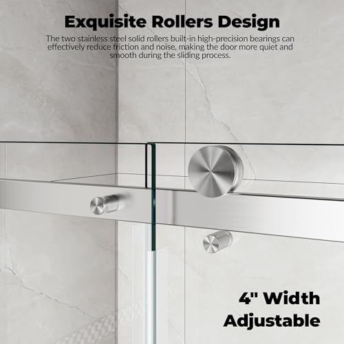Image of Frameless Sliding Shower Door Enclosure - 56 to 60 Inch Adjustable Width x 76 Inch Height, 8mm Coated Tempered Safety Glass with Easy Clean, Square Stainless Steel Rail, Brushed Finish