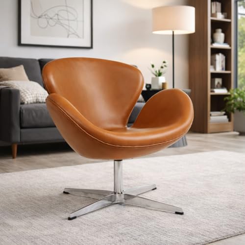 Image of Lakdi The Furniture Co Modern Swan Lounge Chair | Premium Faux Leather Accent Chair with Metal Swivel Base | Designer Living Room & Office Armchair (Caramel Brown)