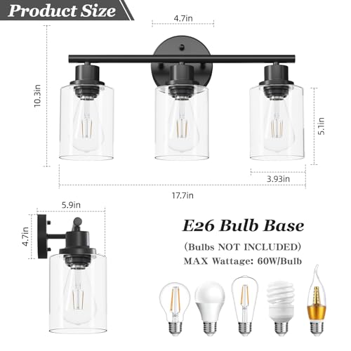 Image of 3-Light Black Vanity Lights, E26 Modern Bathroom Light Fixtures with Clear Glass Shade, Wall Lamps for Mirror Kitchen Hallway Cabinet Living Room Sconces Lights