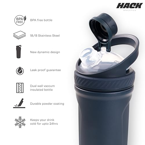 Image of Hack Athletics Premium Stainless Steel Insulated Shaker Bottles for Gym, Protein Shaker, Pre Workout Bottle, Water Bottle for Men and Women, BPA Free Material 100% Leakproof | 709ML (Blue)