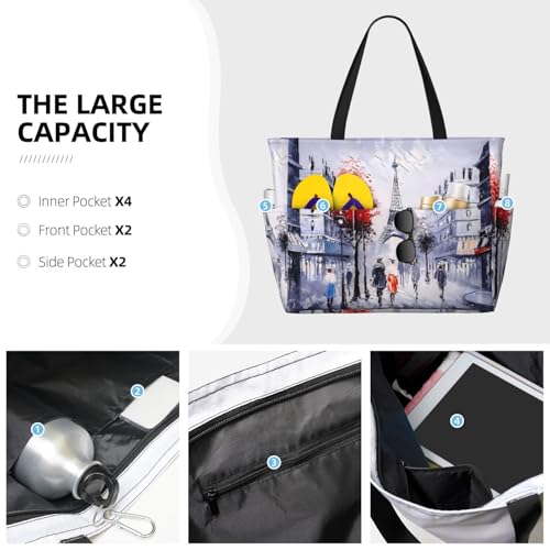 Paris City Tree Eiffel Tower Art Print Large Capacity Beach Tote Bag for Women, Waterproof Beach Travel Bag2
