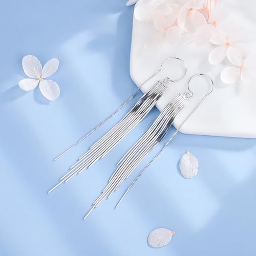 Sterling Silver Big Drop Earrings 925 Tassel Linear Ear Hanging Shimmering Fan Statement Teardrop Earrings - Designer Multi-Style Statement Exquisite Trendy Upscale Chandelier Dangle Earrings Jewelry Gift for Women4