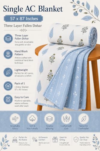 Image of Amazon Brand - Umi Single Cotton AC Dohar Blanket 57x87 Inches | 160 TC Three Layer Lightweight Comforter | Soft Elegant Printed Single Bed Quilt