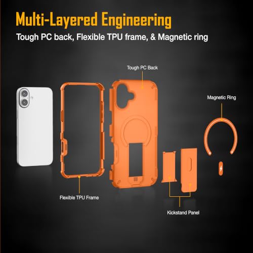Image of ZAP CASE Matte Kickstand Case for iPhone 16 Plus | Magsafe Compatible | Premium Polycarbonate Back + Flexible TPU Bumper | Foldable Stand | Military-Grade Drop Protection | Anti-Fingerprint | Orange