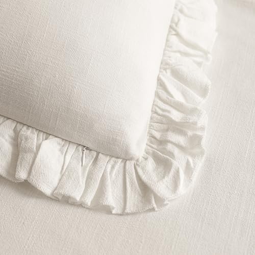 Image of Foindtower Set of 2 Decorative Soild Fringe Ruffle Throw Pillow Covers Soft Boho Farmhouse Cushion Cover Cozy Accent Retro Pillowcase for Couch Sofa Bed Living Room Home Decor,22x22 Inch,White