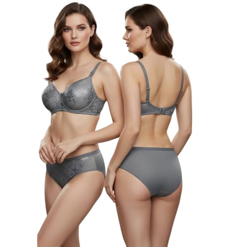 Image of Kinzie Elegant Floral Jacquard Lingerie Set, Grey Brown Maroon Bra and Brief, Comfortable Full Coverage Underwear Set, Padded Bra, Lingerie Set, Honeymoon Bikini Set,