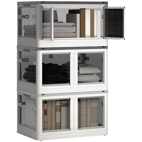 HOMCOM Boîtes de rangement pliables et empilables 69L en plastique, caisses rangement 3 cubes avec couvercle et 4 roulettes, accès à 5 côtés, pour jouets...