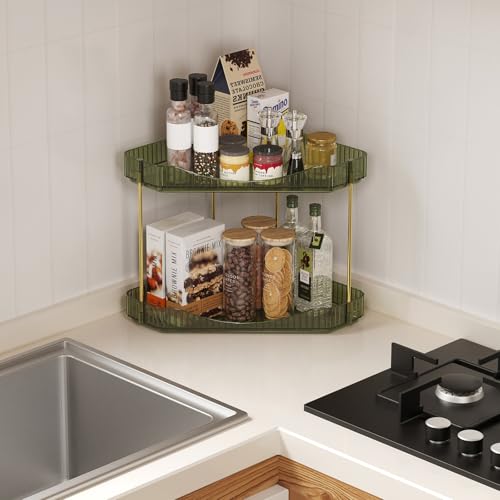 Image of Lifewit 2-Tier Corner Bathroom Counter Organizer, Plastic Makeup Skincare Organizers Storage Countertop, Large Sink Cosmetic Perfume Shelf for Bedroom, Dresser, Kitchen, Vanity, Green, 25 cm /10inch(H)