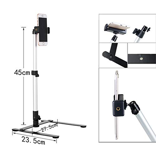 Ajustable Webcam Tripod with Cellphone Holder, Overhead Phone Mount, Table Top Teaching Online Stand for Live Streaming and Online Video and Food Crafting Demo Drawing Sketching Recording