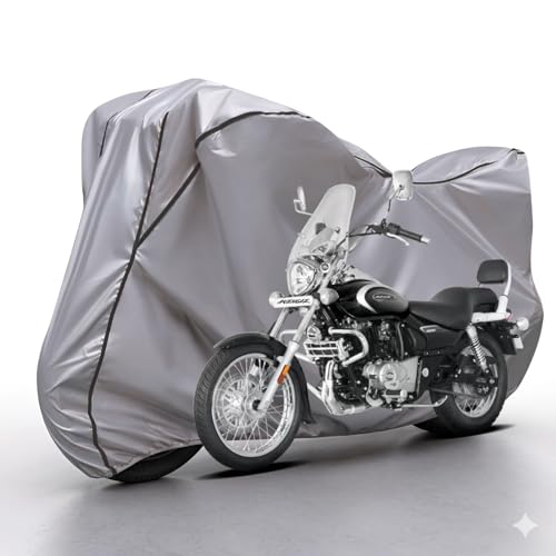 Image of Waterproof Bike Body Cover Compatible with Bajaj Avenger Dustproof Scratchproof - Motorcycle Cover for Two Wheeler, Outdoor Full Cover with UV, Duty, Rain Protection (Silver & Black) R1