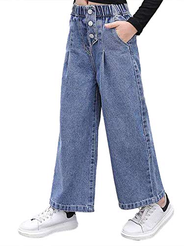 Oyolan Mädchen Jeans Stretch Hose Jeanshosen High Waist Lange Schlaghose Denim Hose mit weitem Bein Boyfriend Jeans Blau Straight Pants für 6-14 Jahre Blau B 152-164 Cover