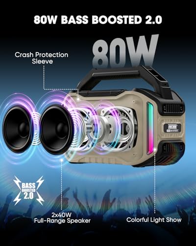 Image of ANCOON Speakers Bluetooth Wireless: 80W(Peak) Loud Speaker with Bass, 20H Playtime, IPX6 Waterproof, Large Jobsite Speakers for Work, Outdoor, Workshop, Garage, Portable Speaker with TWS (Desert)