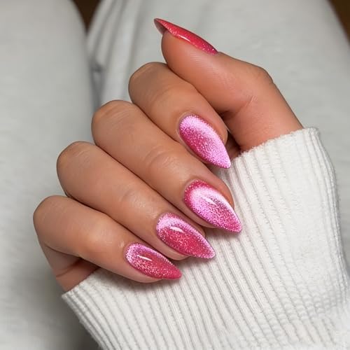 KQueenest Bright Hot Pink Cat Eye Press on Nail Almond,