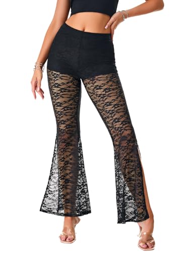 Rooscier Women's Floral Lace Sheer Slit High Waist Flared Sexy Maxi Pants with Under Shorts2