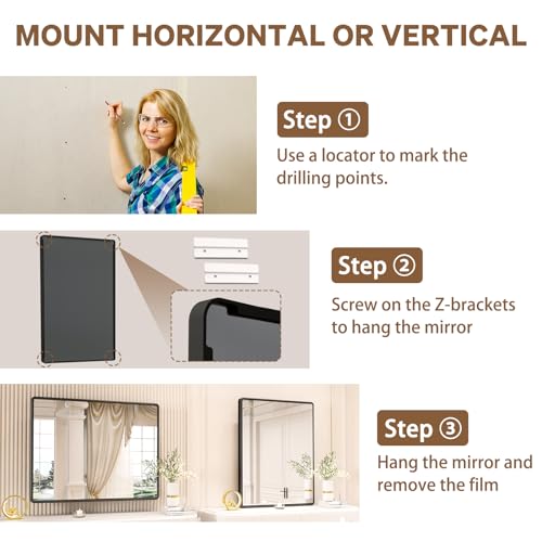 New Upgrade Bathroom Mirror, 40X32 Inch Black Metal Frame Wall Mounted Rounded Rectangle Bathroom Vanity Mirror with Tempered Glass for Washroom Bedroom Living Room