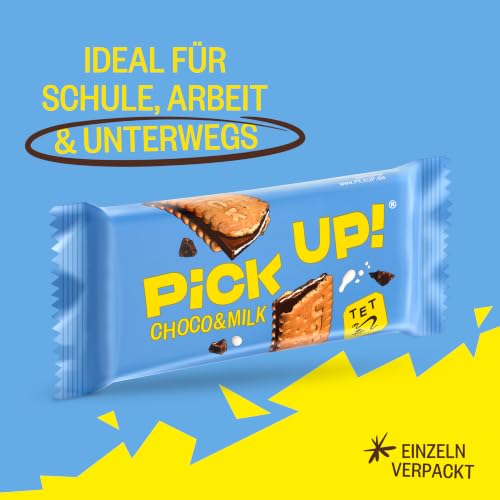 Foto von PiCK UP! Choco&Milk (24 x 28 g), Keksriegel mit knackiger Milchschokolade und Milchcreme zwischen zwei Keksen, der Snack für unterwegs, Thekenaufsteller mit 24 Stück