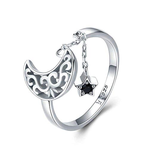 Bague lune et étoile ajustable en argent 925 pour grands doigts